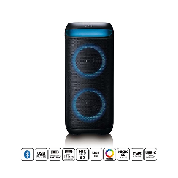 Lenco PA-210BK Bluetooth 5.3 bulihangszóró beépített világítással , TWS, 100W erősítővel, 2x mikrofon bemenet (PA-210BK)