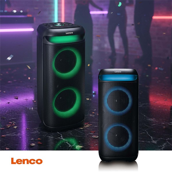 Lenco PA-210BK Bluetooth 5.3 bulihangszóró beépített világítással , TWS, 100W erősítővel, 2x mikrofon bemenet (PA-210BK)