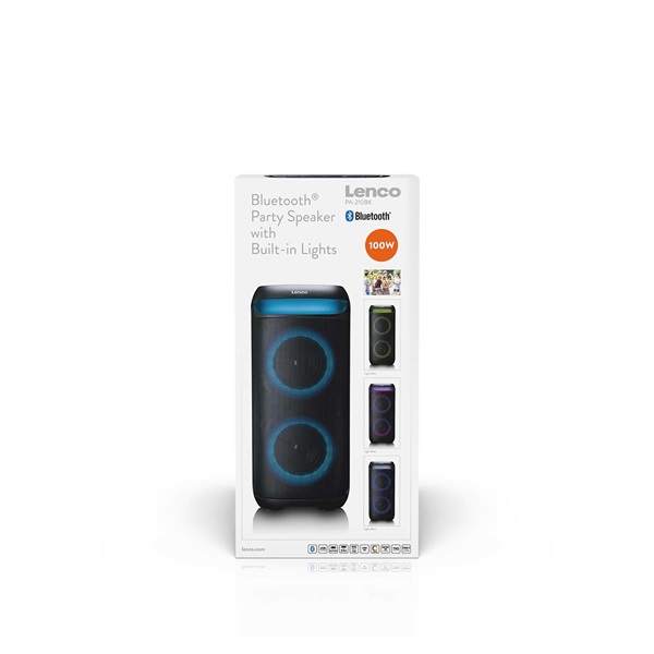 Lenco PA-210BK Bluetooth 5.3 bulihangszóró beépített világítással , TWS, 100W erősítővel, 2x mikrofon bemenet (PA-210BK)