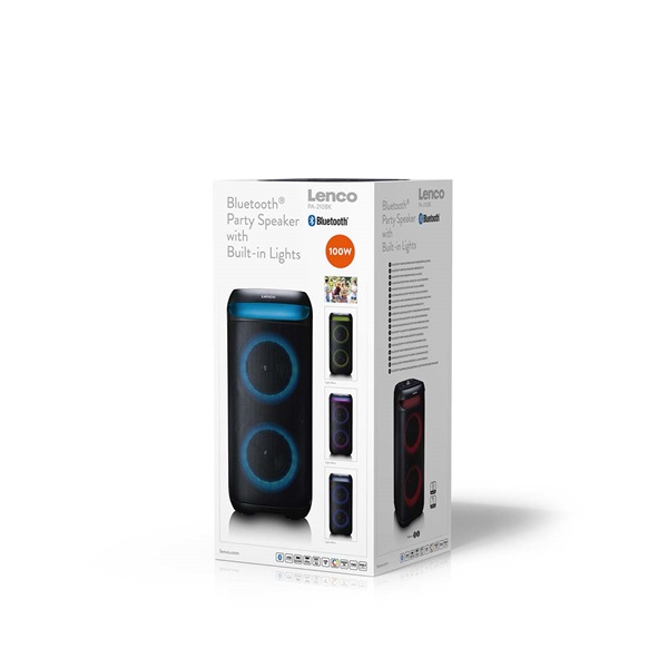 Lenco PA-210BK Bluetooth 5.3 bulihangszóró beépített világítással , TWS, 100W erősítővel, 2x mikrofon bemenet (PA-210BK)