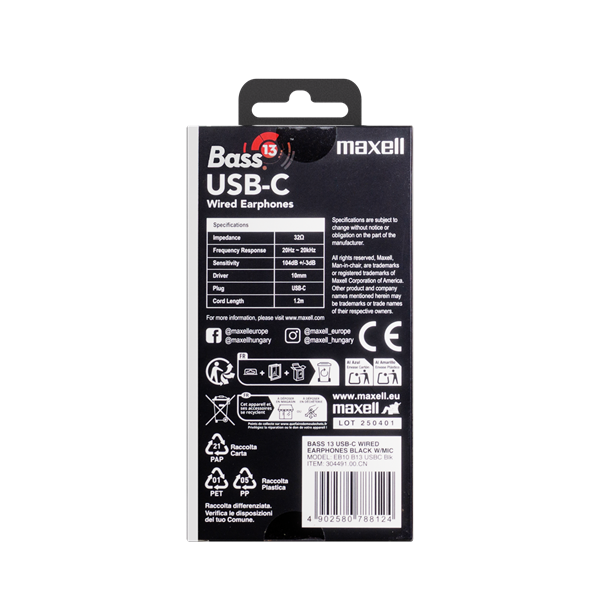 MAXELL Fülhallgató, EB10 BASS13, In-ear, fekete, USB-C (304491.00.CN)