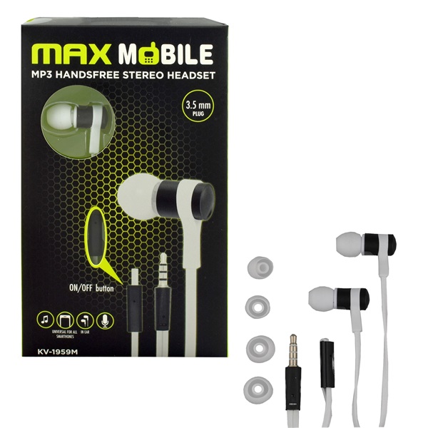 MAX MOBILE Headset Handsfree KV-1959M Mikorofonos Fülhallgató, 3,5 mm jack, 1,2 m, Fekete-Fehér (3858890435580)