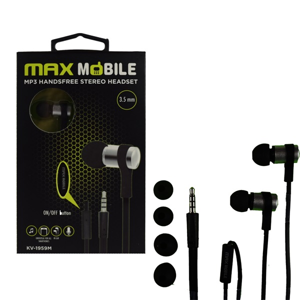 MAX MOBILE Headset Handsfree KV-1959M Mikorofonos Fülhallgató, 3,5 mm jack, 1,2 m, Fekete (3858890435573)
