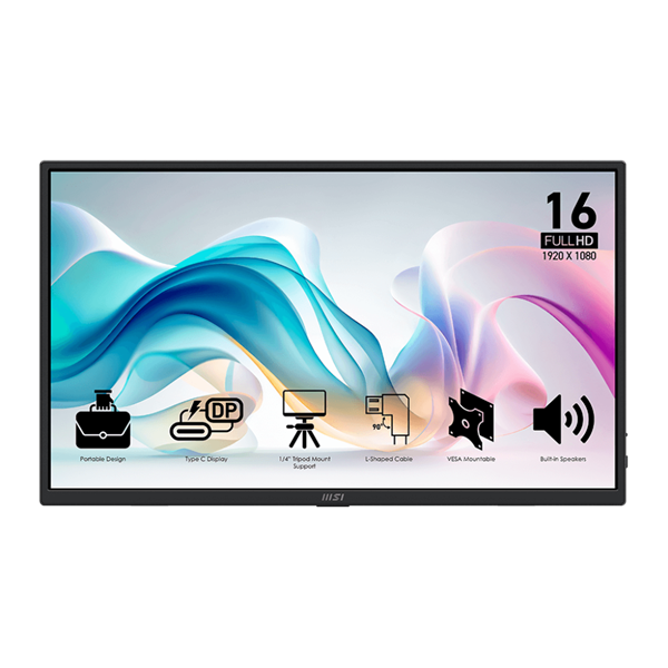 MSI Monitor Business PRO MP165 E6, 15,6" FHD 1920x1080, IPS, 250 cd/m2, 16:9, 60 Hz, 4ms, 2x USB-C, miniHDMI, Black (9S6-3PE50M-001)