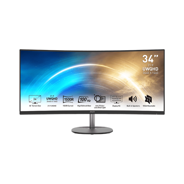 MSI Monitor Business PRO MP341CQ E12 Ívelt 34" QHD, 3440x1440, 120Hz VA 21:9, 3000:1, 300cd/m2, 4ms, 2xHDMI, DP, Black (9S6-3PB2CT-079)