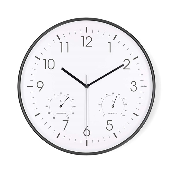 Nedis CLWA4226BK falióra, 30 cm átmérő,  műanyag, csendes szerkezet: óra, hőmérő, páratartamom mérő (CLWA4226BK)