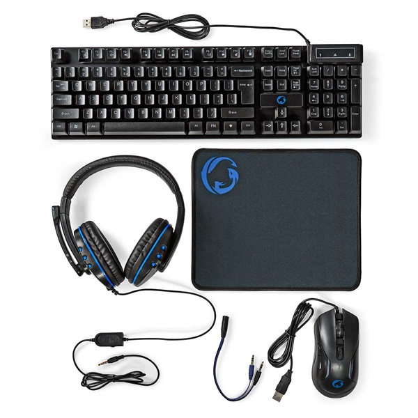 Nedis GCK51110BKUS gamer 5 az 1-ben készlet, Angol Billentyűzet, Headset, Egér, Egérpad és adapter kábel, QWERTY (GCK51110BKUS)