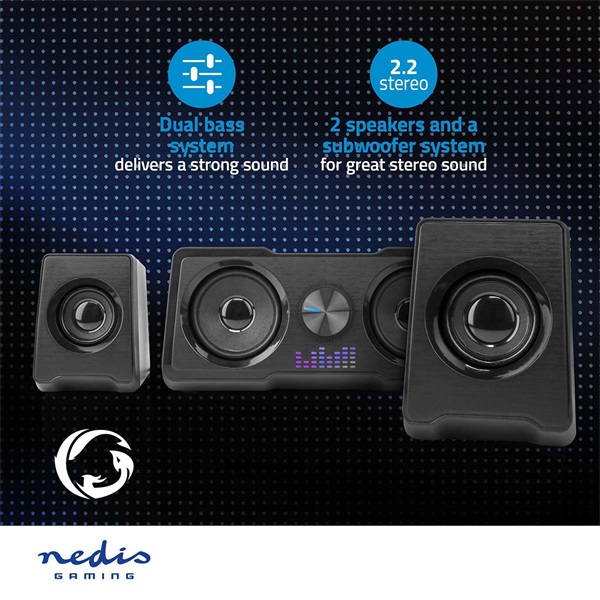Nedis GSPR21022BK gamer hangszóró készlet, csatornák: 2.2, USB tápellátás, 3,5 mm jack, 48 W, LED, hangerőszabályozó (GSPR21022BK)