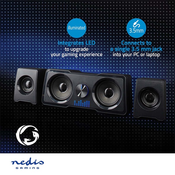 Nedis GSPR21022BK gamer hangszóró készlet, csatornák: 2.2, USB tápellátás, 3,5 mm jack, 48 W, LED, hangerőszabályozó (GSPR21022BK)