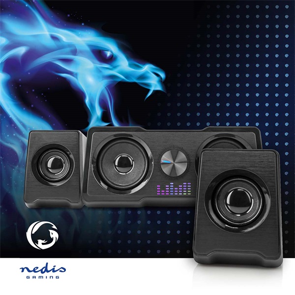 Nedis GSPR21022BK gamer hangszóró készlet, csatornák: 2.2, USB tápellátás, 3,5 mm jack, 48 W, LED, hangerőszabályozó (GSPR21022BK)
