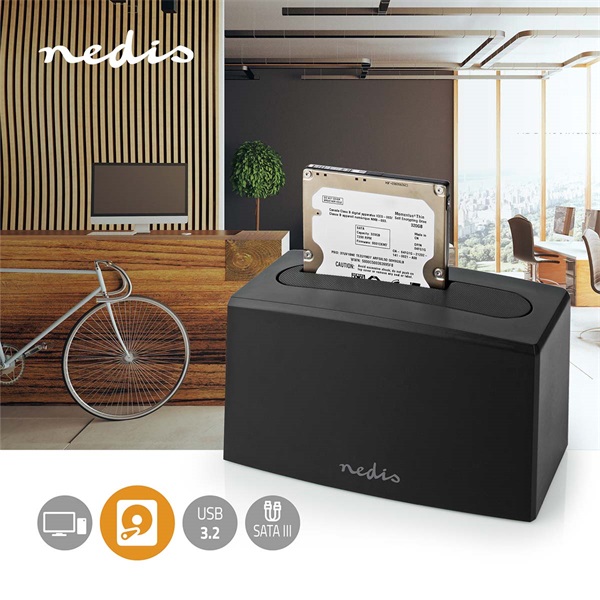 Nedis HDDUSB3210BK HDD / SSD dokkoló, USB 3.2 Gen1, USB Type-A, 2 fiókos,  2,5 / 3,5", USB 3.2 Gen1 (HDDUSB3210BK)