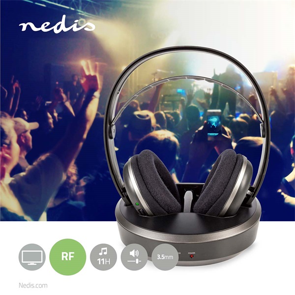 Nedis HPRF210BK rádiófrekvenciás vezeték nélküli RF fejhallgató, akkumulátoros (HPRF210BK)
