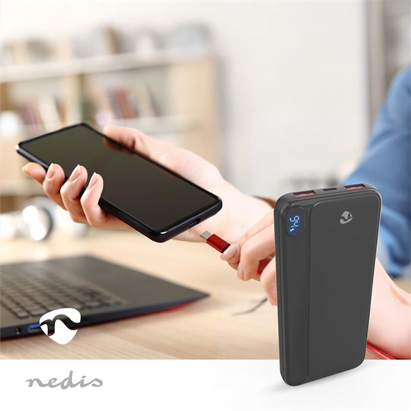 Nedis PBKPD20W125BK powerbank, hordozható külső akkumulátor, power bank 10 000mAh, 1,5 / 1,67 / 2,0 / 2,22 / 3,0 A (PBKPD20W125BK)