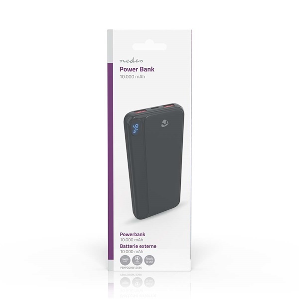 Nedis PBKPD20W125BK powerbank, hordozható külső akkumulátor, power bank 10 000mAh, 1,5 / 1,67 / 2,0 / 2,22 / 3,0 A (PBKPD20W125BK)