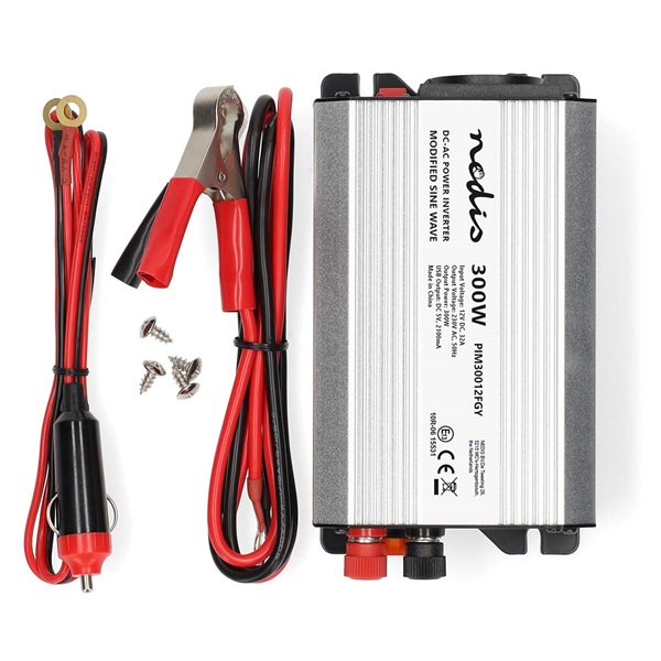 Nedis PIM30012FGY 12V DC - 230V AC inverter, 300W, csatlakozás: szivargyújtós, akku csipesz (PIM30012FGY)