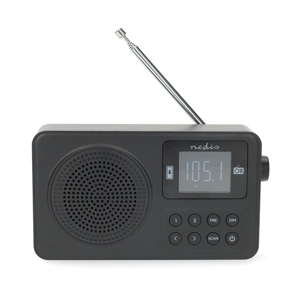 Nedis RDFM2225BK hordozható FM rádió, digitális hangolás, Bluetooth, Fejhallgató kimenet, Ébresztőóra, akkumulátor (RDFM2225BK)