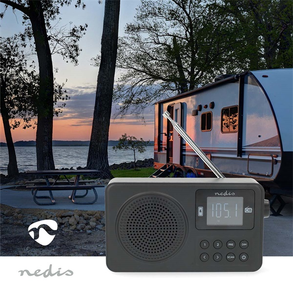 Nedis RDFM2225BK hordozható FM rádió, digitális hangolás, Bluetooth, Fejhallgató kimenet, Ébresztőóra, akkumulátor (RDFM2225BK)
