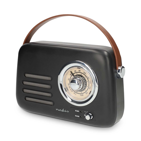 Nedis RDFM2600BK retró FM rádió, Bluetooth® 5.4, AUX bemenet, USB port, 1500 mAh-s lítium-ion akkumulátor (RDFM2600BK)