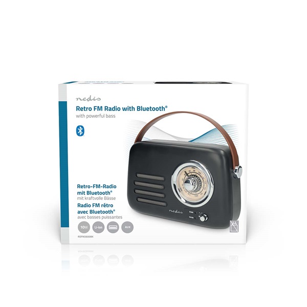 Nedis RDFM2600BK retró FM rádió, Bluetooth® 5.4, AUX bemenet, USB port, 1500 mAh-s lítium-ion akkumulátor (RDFM2600BK)