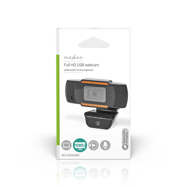 Nedis WCAM100BK (webcam) webkamera 1920x1080 full Hd, 30fps, sztereo mikrofon, lencsevédő (WCAM100BK)