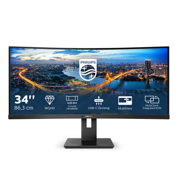 PHILIPS Ívelt VA monitor 34" 346B1C, 3440x1440, 21:9, 300cd/m2, 4ms, USB-C/USB-B/4xUSB/HDCP/LAN/DP/HDMI, hangsz. (346B1C/00)