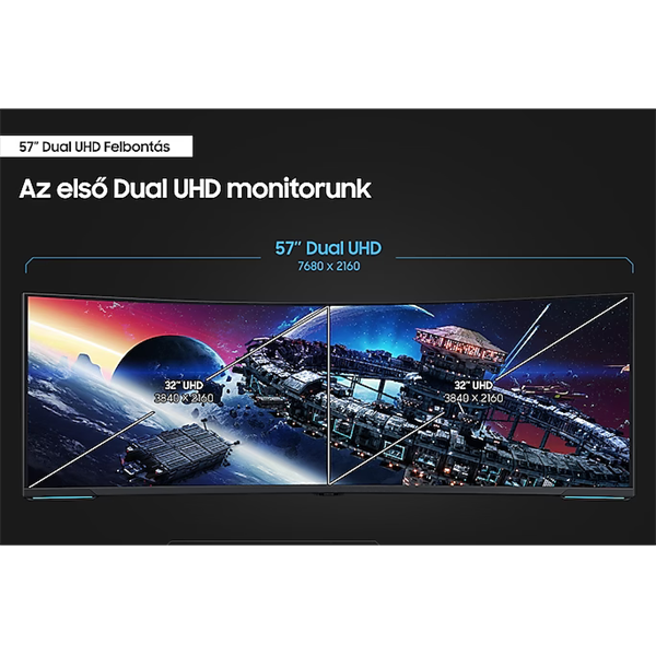SAMSUNG Ívelt Gaming 240Hz VA monitor 57" G95NC, 7680x2160, 32:9, 420cd/m2, 1ms, 3xHDMI/DP/2xUSB (LS57CG952NUXEN)