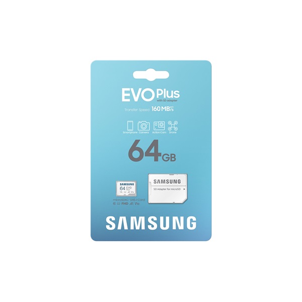 SAMSUNG Memóriakártya, EVO Plus microSDXC kártya, 64GB, UHS-I, U1, V10, A1, + SD Adapter, R160/W (MB-MC64SA/EU)