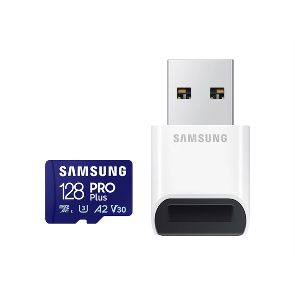 SAMSUNG Memóriakártya, PRO Plus + Reader microSDXC 128GB, CLASS 10, UHS-I, U3, V30, A2, R180/W130 (MB-MD128SB/WW)