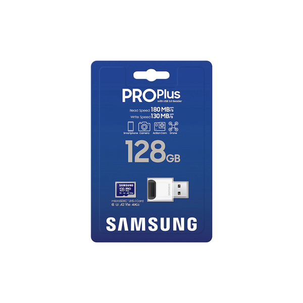 SAMSUNG Memóriakártya, PRO Plus + Reader microSDXC 128GB, CLASS 10, UHS-I, U3, V30, A2, R180/W130 (MB-MD128SB/WW)