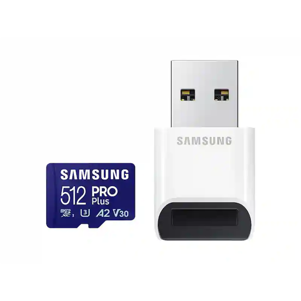 SAMSUNG Memóriakártya, PRO Plus + Reader microSDXC 512GB, CLASS 10, UHS-I, U3, V30, A2, R180/W130 (MB-MD512SB/WW)