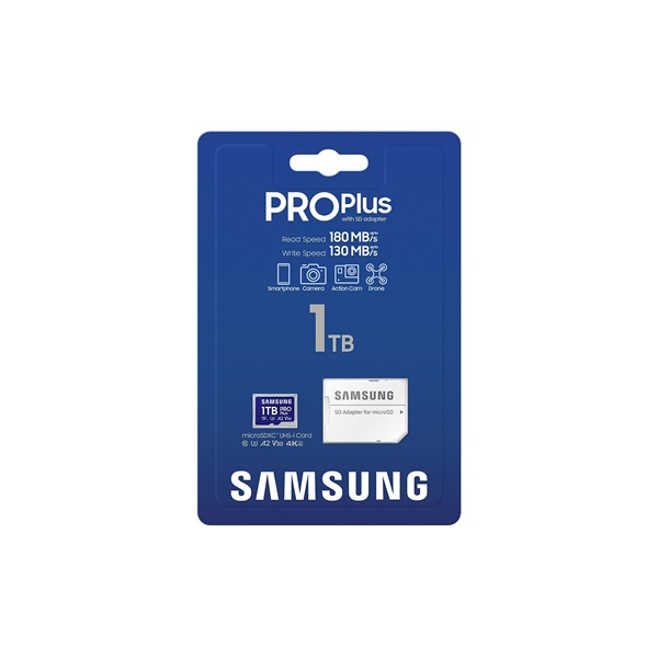 SAMSUNG Memóriakártya, PRO Plus microSDXC kártya 1TB, CLASS 10, UHS-I, U3, V30, A2, + Adapter, R180/W130 (MB-MD1T0SA/EU)