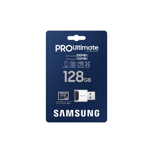 SAMSUNG Memóriakártya, PRO Ultimate microSD with Reader 128GB, Class 10, V30, A2, Grade 3 (U3), R200/W130, +Adapter (MB-MY128SB/WW)