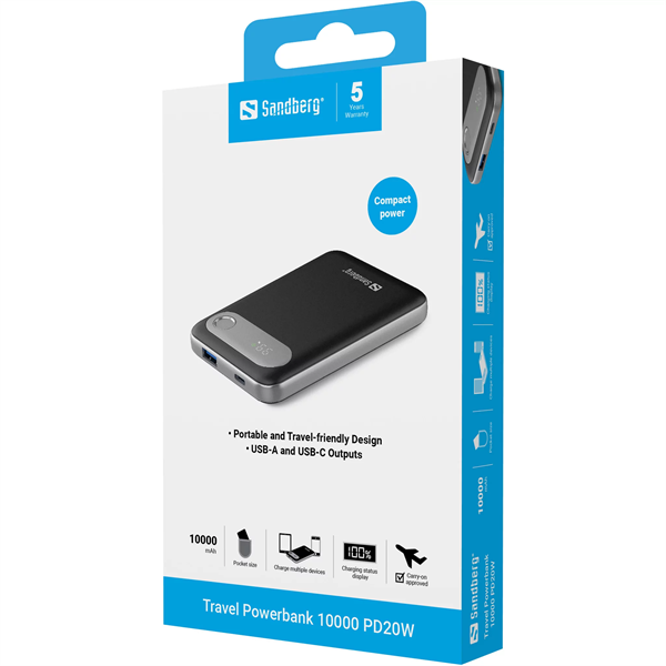SANDBERG Hordozható akkumulátor, Travel Powerbank 10000 PD20W (421-16)