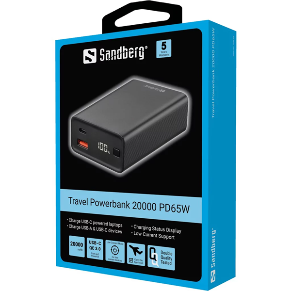 SANDBERG Hordozható akkumulátor, Travel powerbank 20000 PD65W (420-95)