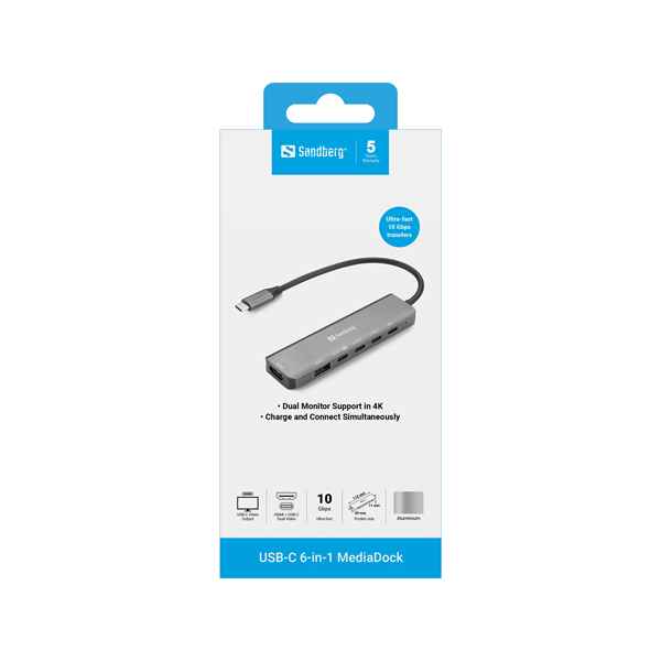 SANDBERG USB-C 6-in-1 MediaDock, 6xUSB/1xHDMI (136-77)