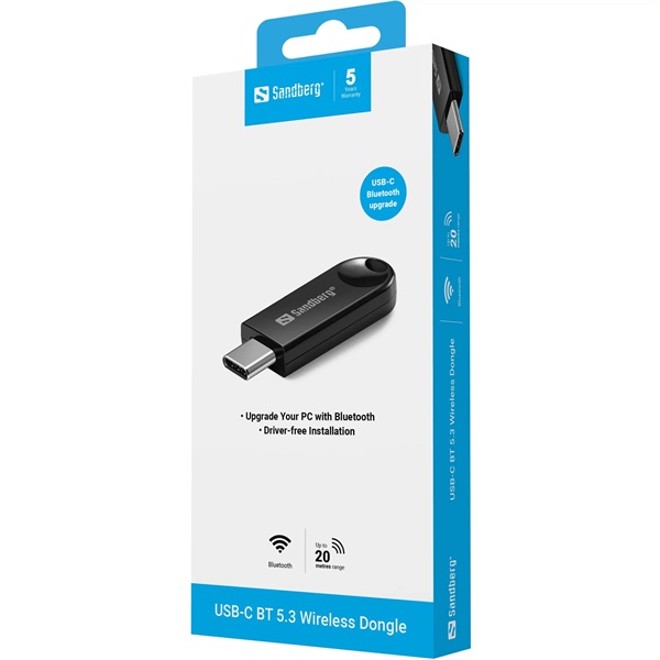 SANDBERG USB-C BT 5.3 Wireless dongle, Upgrade your PC with Bluetooth, Driver-free installation, 20m, 5 év garancia (136-69)