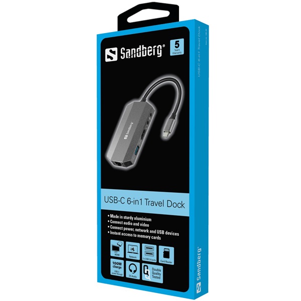 SANDBERG USB-C dokkoló, USB-C 6in1 Travel Dock (136-33)