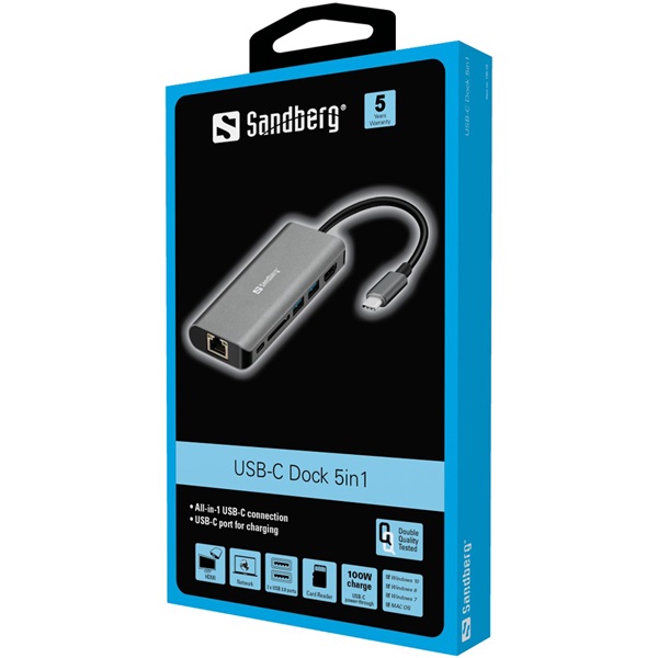 SANDBERG USB-C dokkoló, USB-C Dock HDMI+LAN+SD+USB100W (136-18)