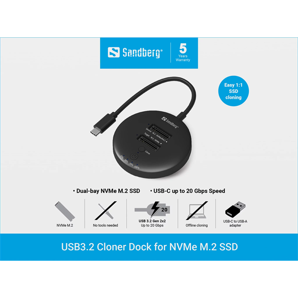 SANDBERG USB3.2 Cloner Dock for NVMe M.2 SSD (136-72)