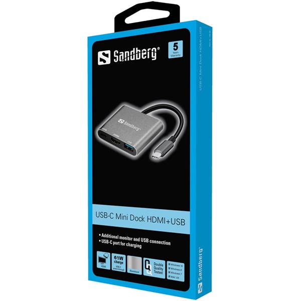 SANDBERG USB-C dokkoló, USB-C Mini Dock HDMI+USB (136-00)