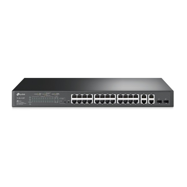 TP-LINK Switch 24x100Mbps (24xPOE) + 4x1000Mbps + 2xGigabit SFP, Menedzselhető, SL2428P (SL2428P)