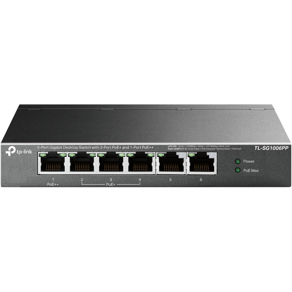 TP-LINK Switch 6x1000Mbps(3xPOE+ + 1xPOE++) Fémházas Asztali, TL-SG1006PP (TL-SG1006PP)