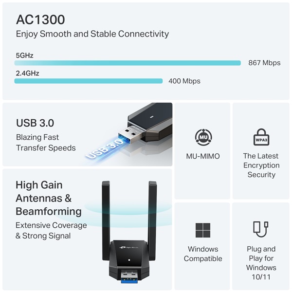 TP-LINK Wireless Adapter USB Dual Band AC1300, ARCHER T5U PLUS (ARCHER T5U PLUS)
