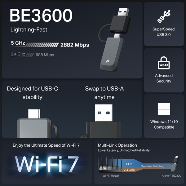 TP-LINK Wireless USB Adapter Dual Band BE3600 + USB-C Adapter, ARCHER TBE230U (ARCHER TBE230U)