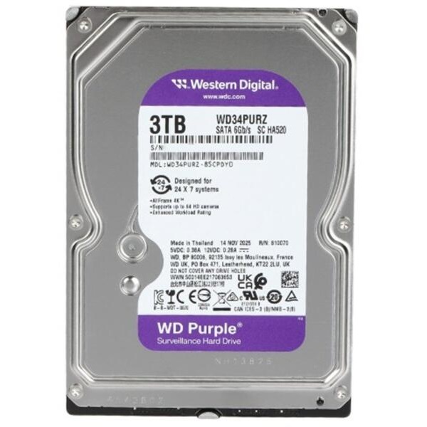 WESTERN DIGITAL 3.5" HDD SATA-III 3TB 5400rpm 128MB Cache, CAVIAR Purple (WD34PURZ)
