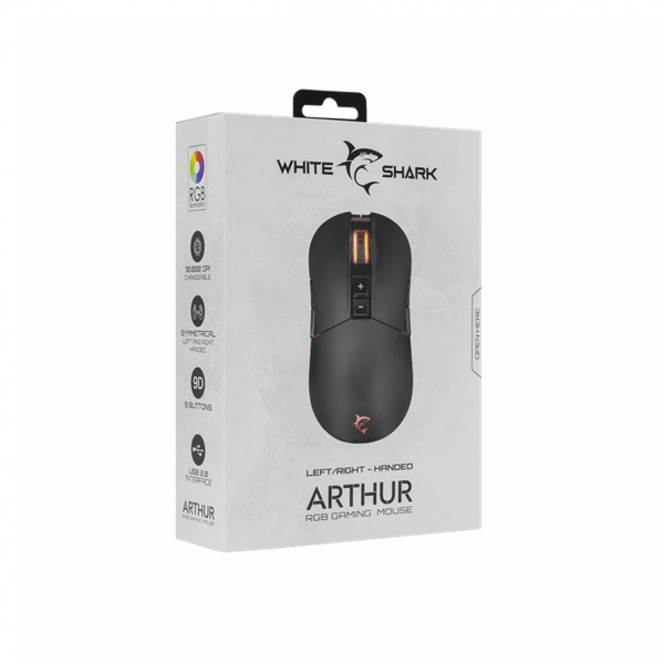 WHITE SHARK ARTHUR (GM-9005) gamer egér, 9D, fekete, 10000 dpi, RGB (GM-9005)