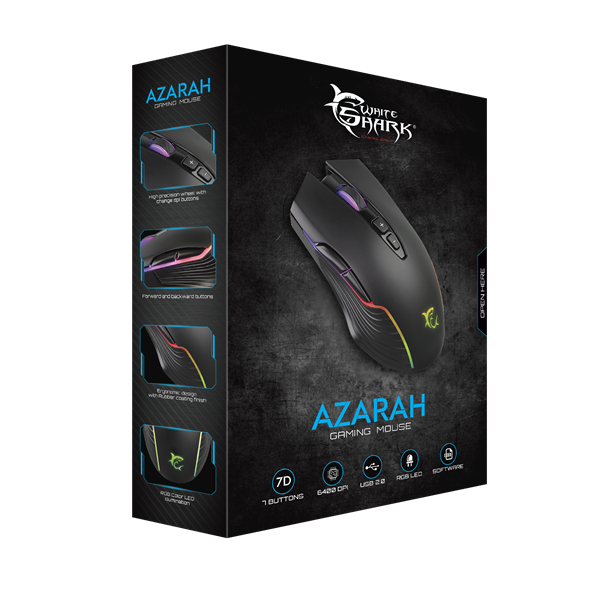 WHITE SHARK GM-5003 AZARAH gaming egér, fekete, 6400dpi (WS GM-5003)