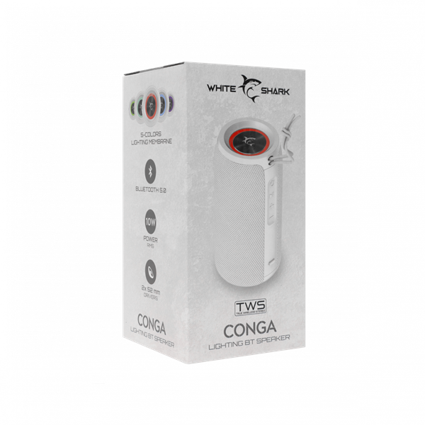 White Shark CONGA Bluetooth Hangszóró, 10 W, BT 5.0, Fehér (GBT-808W)