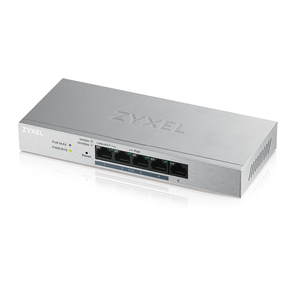 ZYXEL Switch 5x1000Mbps (4xPOE+), Fémházas Asztali, GS1200-5HPV2-EU0101F (GS1200-5HPV2-EU0101F)