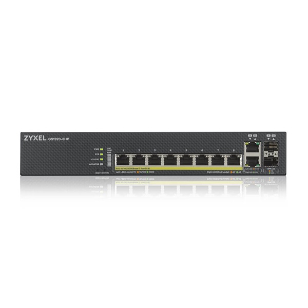 ZYXEL Switch 8x1000Mbps (8xPOE) + 2xGigabit kombó SFP+, Fémházas Menedzselhető (8GbE port), GS1920-8HPV2-EU0101F (GS1920-8HPV2-EU0101F)